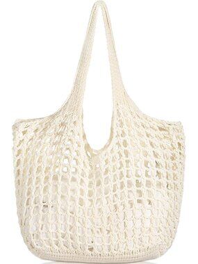 Women's Cream Crochet Beach Mesh Tote Bag Shoulder Lightweight Shopping Handbag